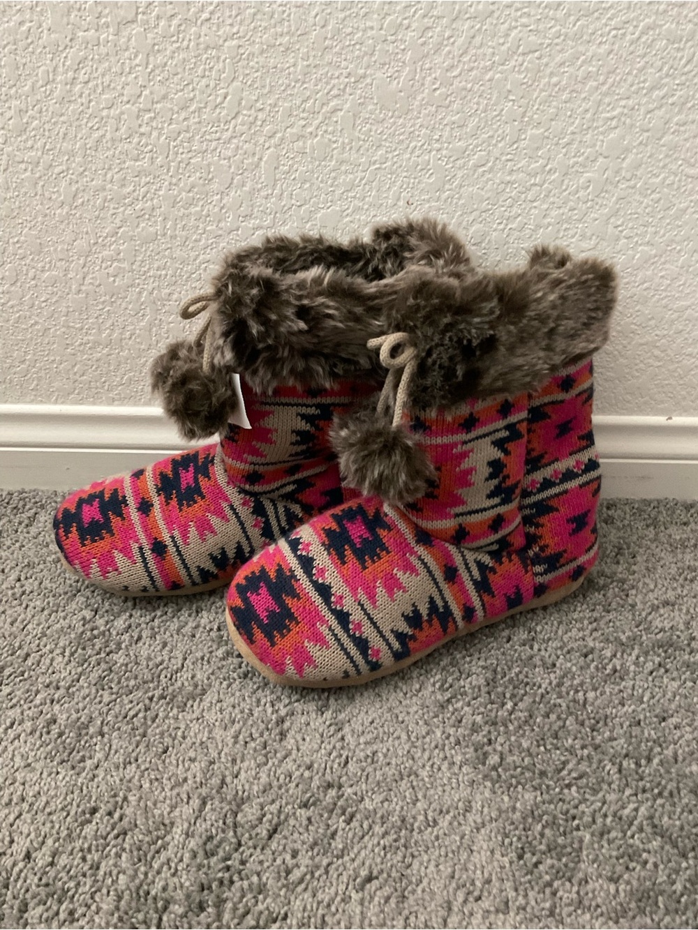Womens Aztec Knit Faux Fur Lined Boot Slippers - Pink